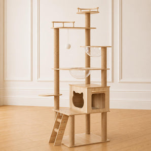 Arbre à Chat Multi-Niveaux en Bois avec Bulles Transparentes et Griffoirs en Sisal
