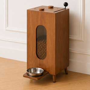 Distributeur de Croquettes en Bois pour Chat et Chien – Grande Capacité 10 kg, Réservoir Visible, Gamelle Intégrée