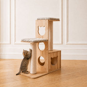Arbre à Chat Maison en Bois Naturel – Niche Intégrée, Griffoirs en Sisal et Plateformes d'Observation